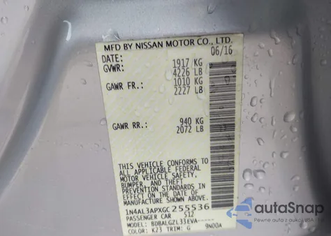 2016 Nissan Altima 2.5/2.5 S/2.5 Sl/2.5 Sr/2.5 Sv z USA, uszkodzony, nr VIN 1N4AL3APXGC255536